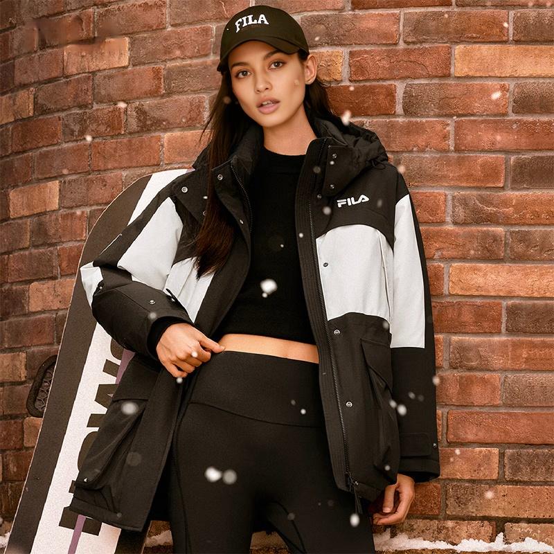 FILA Original Logo Color Block Casual Loose Hooded Down Jacket Women outerwear Black F51W449903F-BK