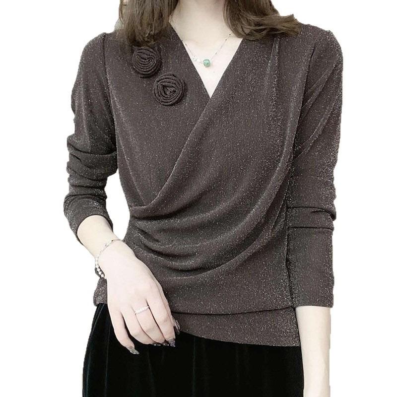 Autumn Fashionable and Versatile Temperament Age-reducing Bottoming Shirt for Women Bright Silk Long-sleeved Top