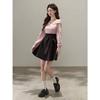 Summer new fake two pieces slanted shoulder early spring wear long-sleeved dress high waist thin a-word short skirt D8