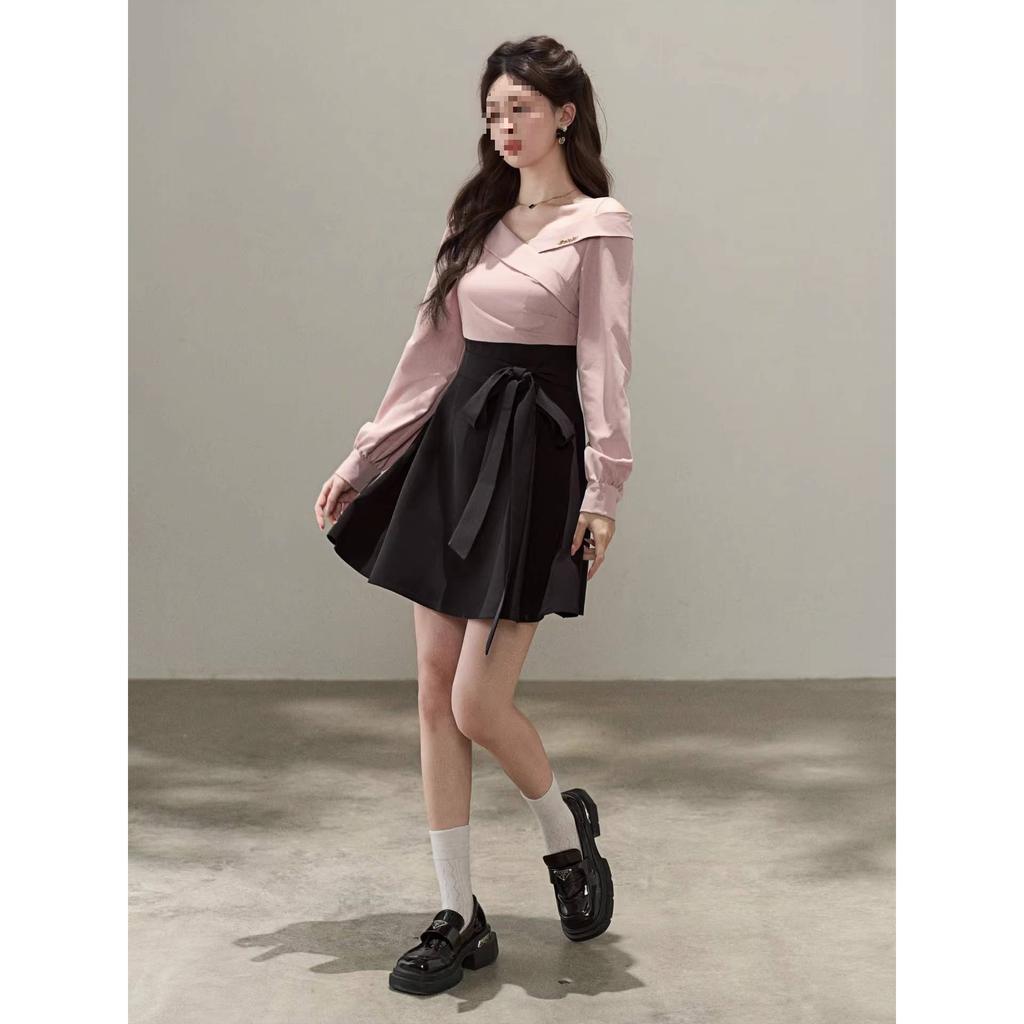 Summer new fake two pieces slanted shoulder early spring wear long-sleeved dress high waist thin a-word short skirt D8