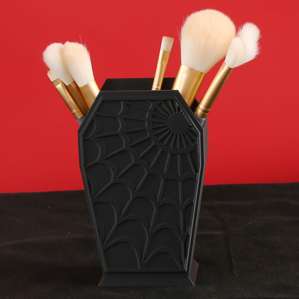 Gothic Coffin-Shaped Spider Web Makeup Brush Holder Lightweight Plastic Desk Organizer for Vanity Office Decor Brush Holder