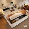 Gestoffeerd Bed, 180 x 200 cm, LED Verlichting, Hoofdbord met Opbergvak, zonder Matras, Opbergbed, USB en Type-C Poorten, Fluweel, Beige