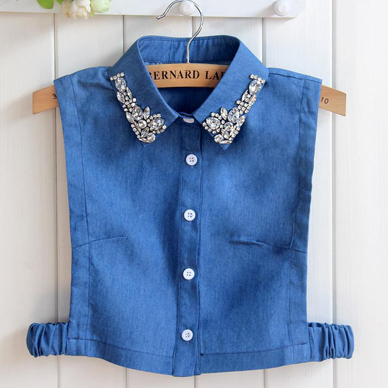 Women s Rhinestone Studded Retro Denim Detachable Collar Shirt