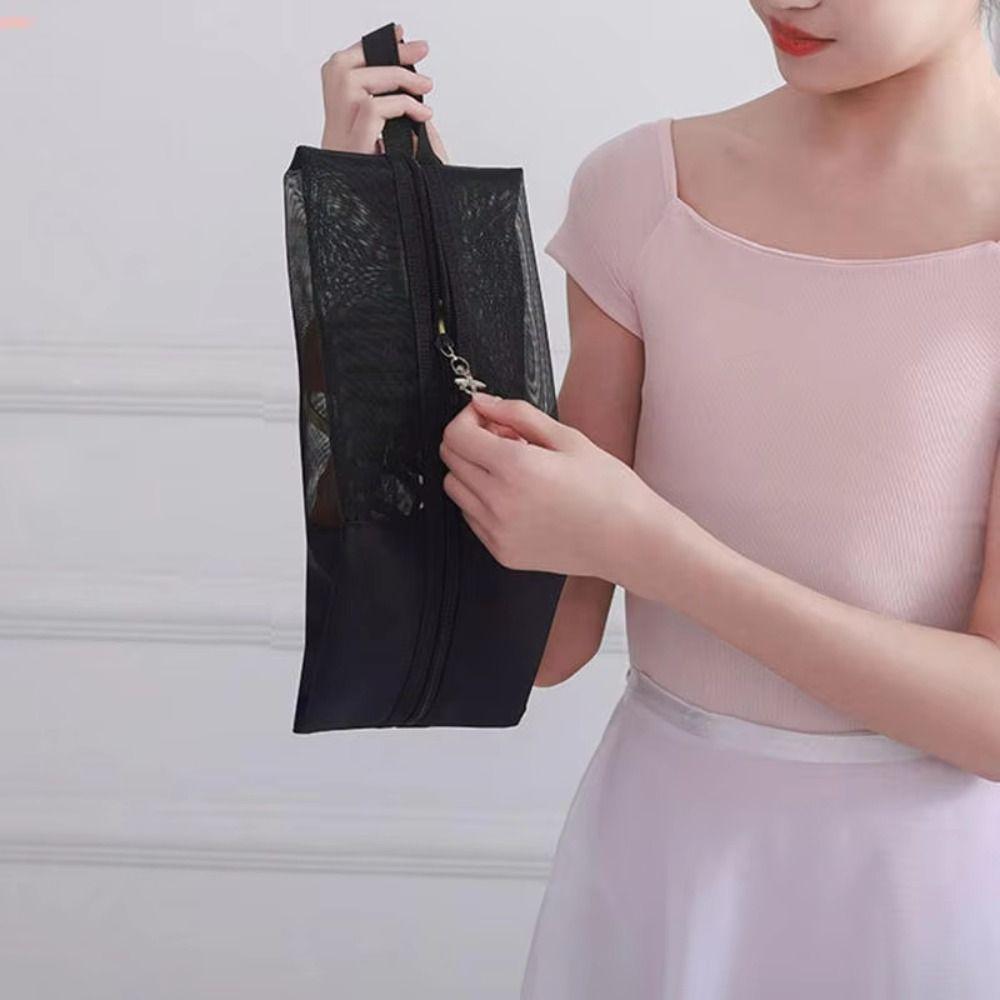 Black Color Latin Dance Shoe Bag with Zipper Mesh Dance Pouch Ballet Organizer Bags  Ballerina