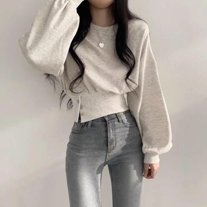 Autumn Niche Design Sense Round Neck Buckle Waist Slimming Long Sleeved Pullover Hoodie Top for Women