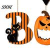 Natural Texture Holiday Sign Halloween BOO Door Sign, Wooden Ghost Evil Pumpkin Black Cat Hanging Welcome Festive for Spooky Bat Hanger Front