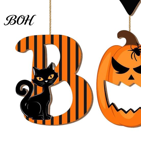 Natural Texture Holiday Sign Halloween BOO Door Sign, Wooden Ghost Evil Pumpkin Black Cat Hanging Welcome Festive for Spooky Bat Hanger Front