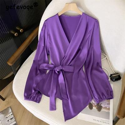 Damen Koreanische Mode Schnürung Elegant Hemden Frühling Herbst Büro Dame Pendeln Langarm Blusen Lila V-Ausschnitt Slim Tops