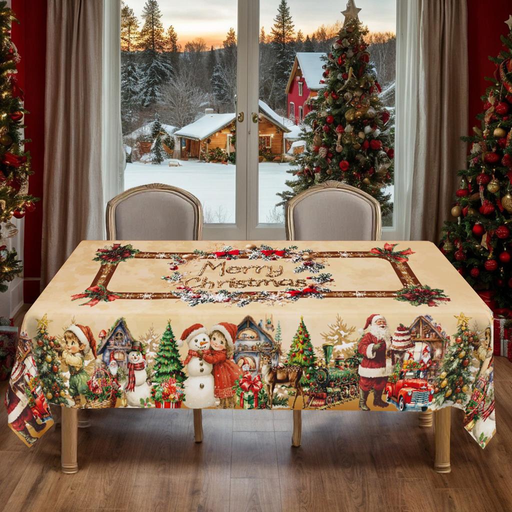Christmas Tablecloth Snowman Reindeer Holiday Dining Table Cover Dustproof Festive Xmas Party Home Decoration