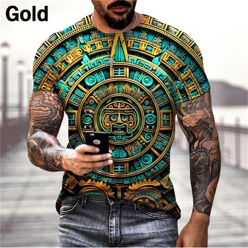 Colorful Cool Pattern T-Shirt For Men Aztec Calendar 3D Printed Tees Summer Casual Short Sleeve Loose T Shirts Round Neck Tops