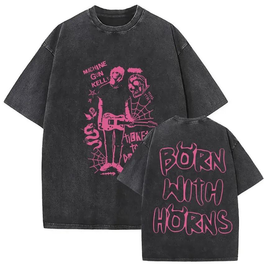 Rapper MGK Lost Americana Tour Poster Print T-shirt Men Women Vintage Washed Cotton Summer New Tee Oversized Casual Fashion Tops