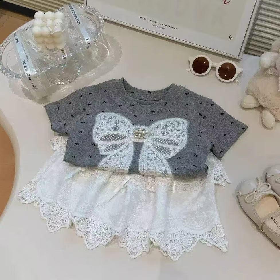 2025 Trendy Summer Baby Girl Gray T-Shirt with 3D Bow & Print