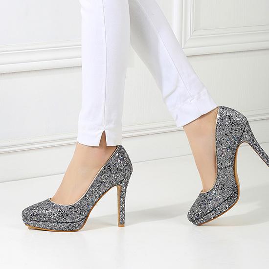 Women's High-heeled Single Shoes Fashion Sequined Banquet Wedding Shoes Waterproof Table Fine Heel Shallow Mouth Large Size Four-season Shoes
