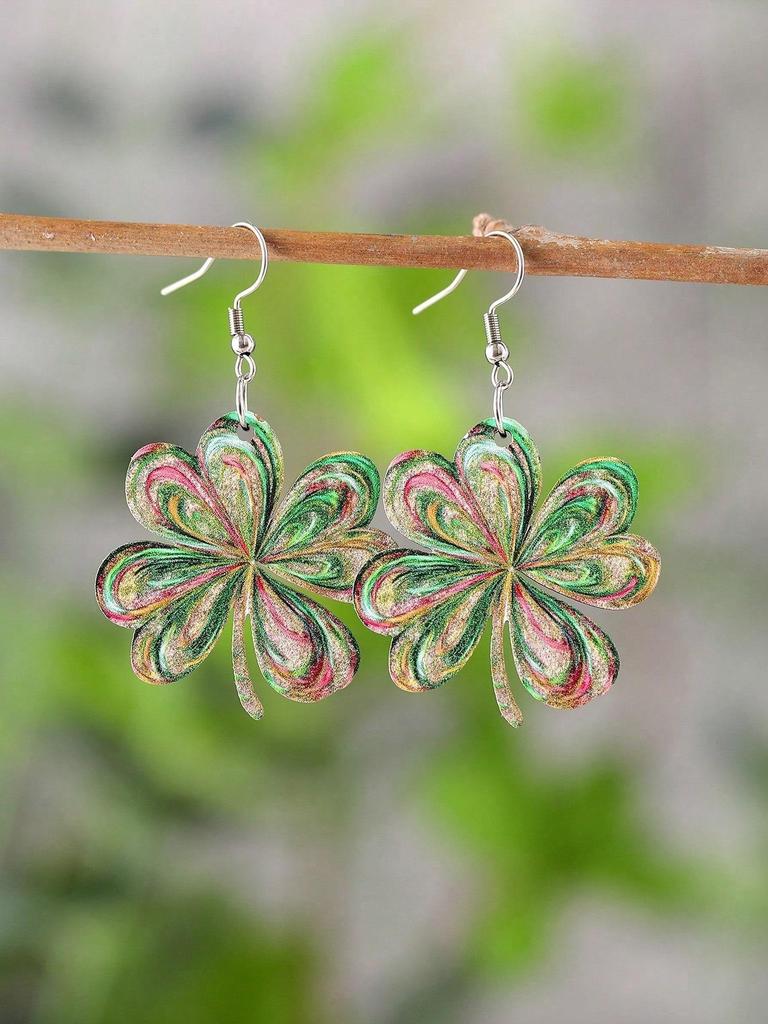 1 Pair Earrings, Vintage Painted Heart, Clover, Four-Leaf Clover Pendant Earrings, Women Double-Sided Earrings, Gift