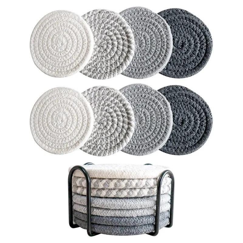 

8Pcs/set 11x11cm Small Round Cotton Woven Coffee Mug Tea Cup Coaster Placemat Kitchen Insulation Pad Table Decoration No Iron Frame