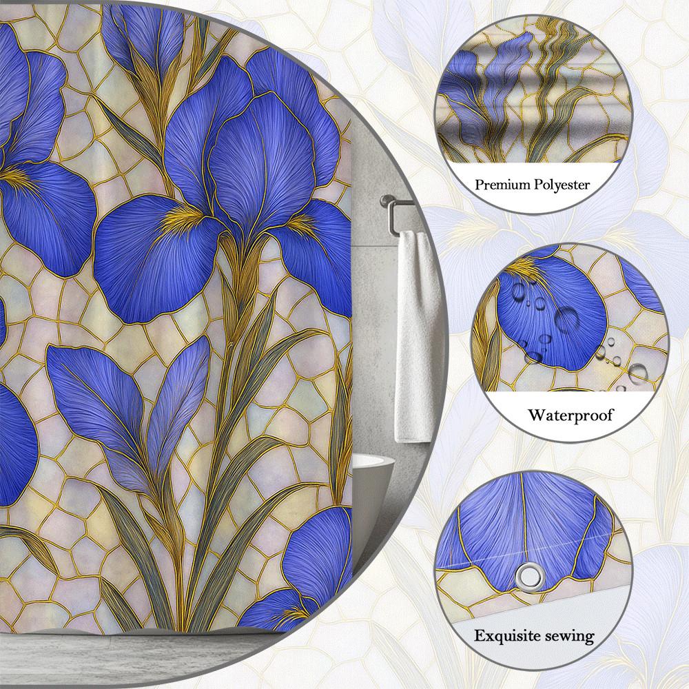 Stained Glass Blue Iris Flower Shower Curtain Machine Washable All Season Waterproof Privacy Protection Simple Installation