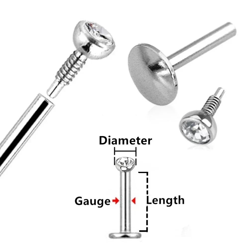 2X 2mm Multicolour Crystal Internal Thread Labret 6mm - 12mm Steel Ring Bar Ear Tragus Monroe Lip Stud Piercing