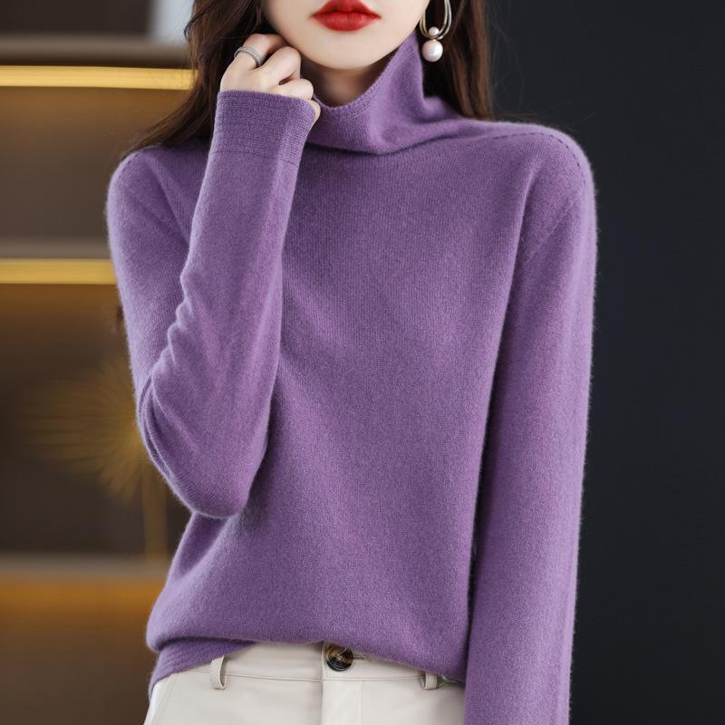 Women's Pure Wool High Neck Knitted Sweater - Solid Color, Autumn/Winter Temperament Top
