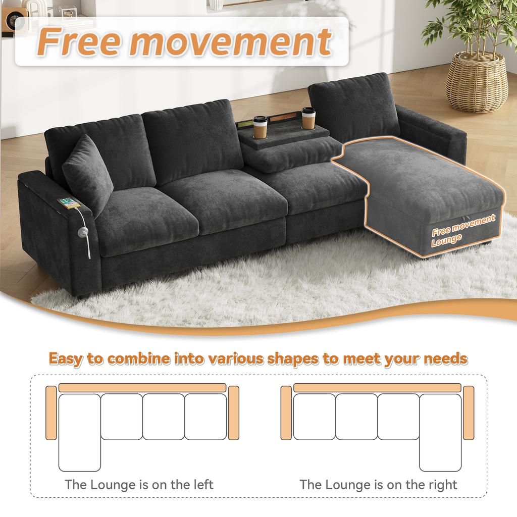 Chenille fabric sofa, L-shaped corner and two armrests with storage space. Fold-out coffee table with two drink holders, 1 USB, 1 Type-C. gray