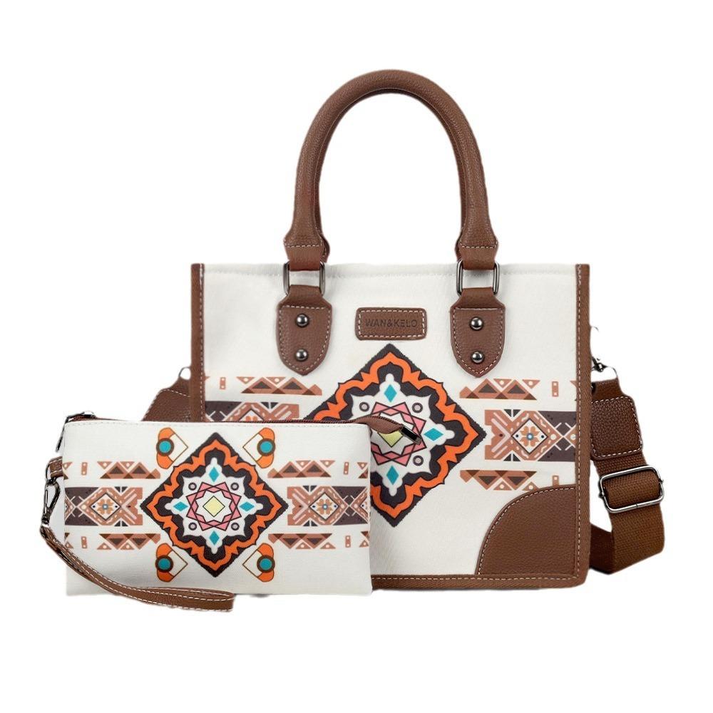 New Ethnic Style Bohemian Women's Bag Sets Retro Canvas Horizontal Square Female Tote Bag Fashion Printing Portable Ladies Messenger Bag with Wallet
