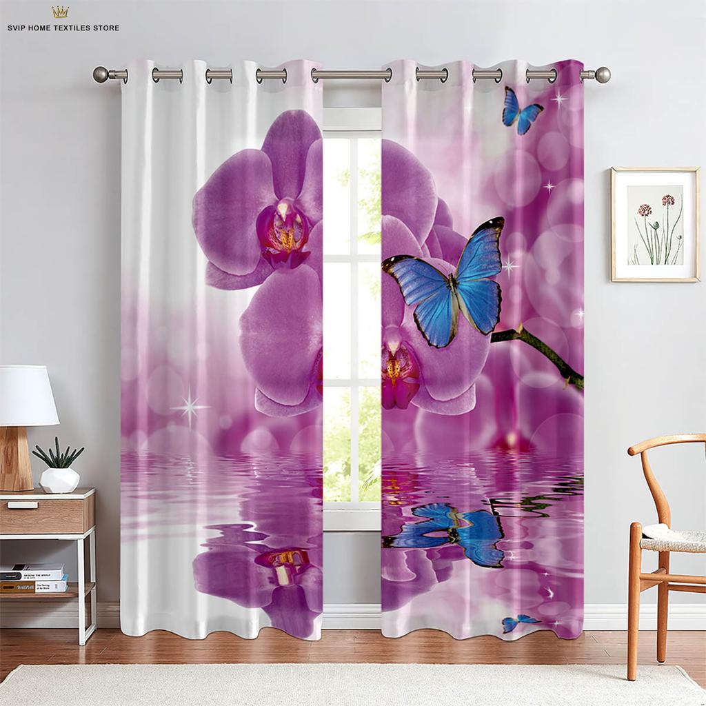 3D Printing Polyester Decorative Curtain, Floral Butterfly On Water, Machine Washable, Bedroom, Living Room, Kitchen, 2Pcs