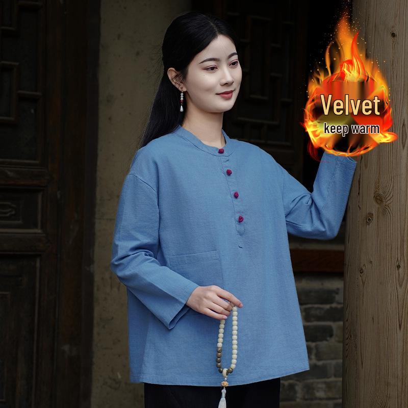 Women's Retro Chinese Style Patchwork Top: Cotton Linen with Fleece, Stand Collar, and Frog Button