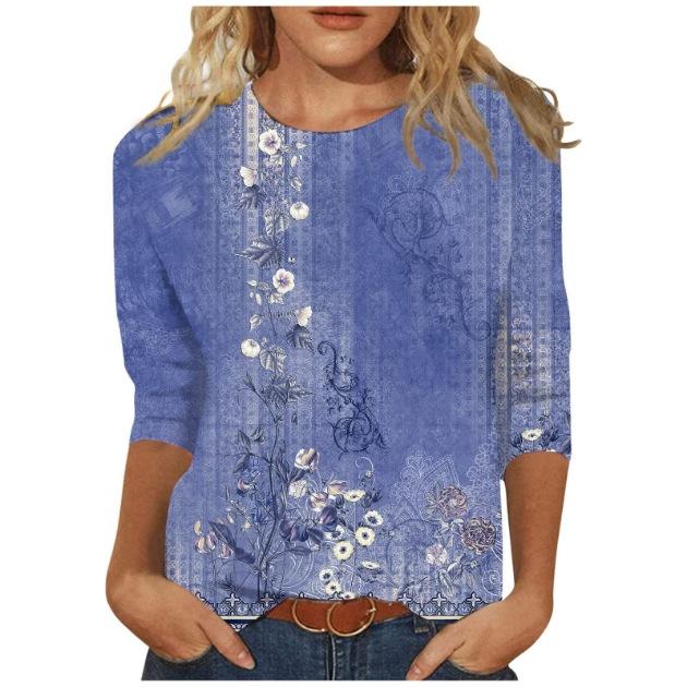 2026 Spring/Summer New Women's Fashion Printed Three-Quarter Sleeve Loose Round Neck Casual T-Shirt Top