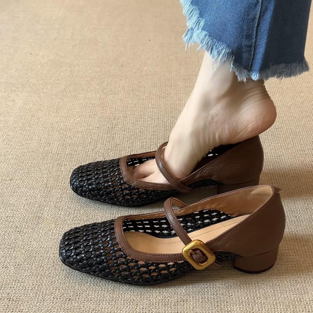 Woven hollow thick heel shoes women's shoes versatile retro square head Mary Jane shoes women's summer high heels are not tired