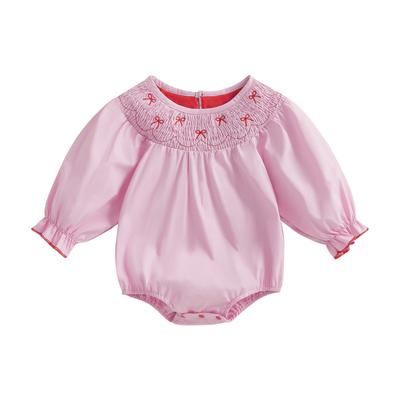 Toddler Baby Girl Smocked Romper Bow Embroidery Round Neck Long Sleeve Bubble Jumpsuit 