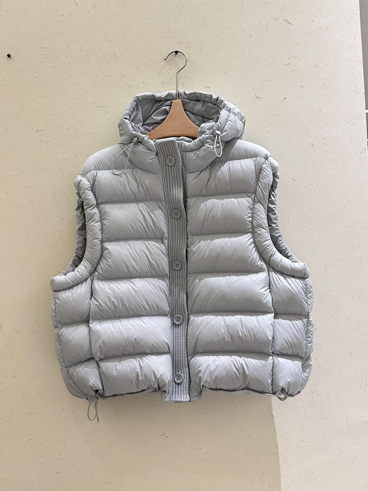 Down vest women's short winter thickened hooded white duck down jacket knitted splicing to keep warm
