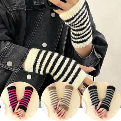 HOT Winter Half Finger Gloves Striped Fingerless Gloves Knitted Long Fingerless Gloves Arm Cover Elbow Mittens Winter Arm Warmer