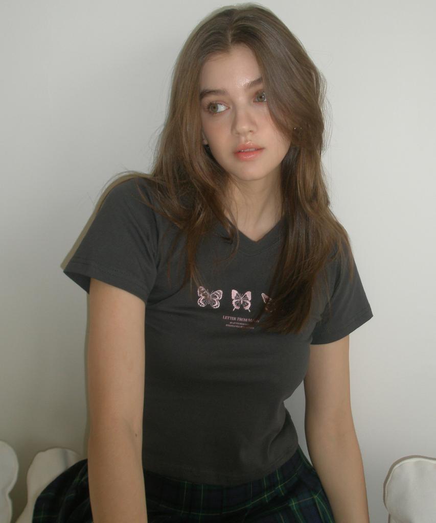 LETTER FROM MOON Triple Butterfly Embroidery Short Sleeve T-Shirt (Charcoal)