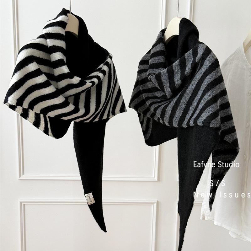 Colorblock Striped Simple Knitted Large Triangle Shawl for Women Versatile Spring and Autumn Neck Protector  Warm Neck Scarf Outer Wear