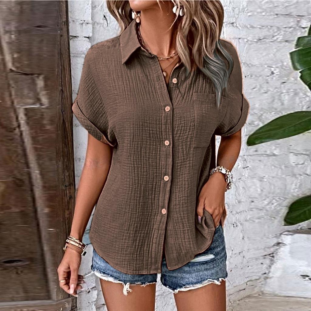 Womens Button Down Shirts Short Sleeve Casual Collared Shirt Loose Blouses Solid Color Tops With Pocket