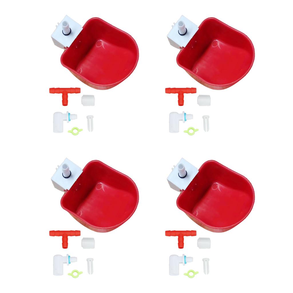 4 Set Automatic Poultry Fount Plastic Waterer Bowl with Hose Attachment for Game Bird Universal Red