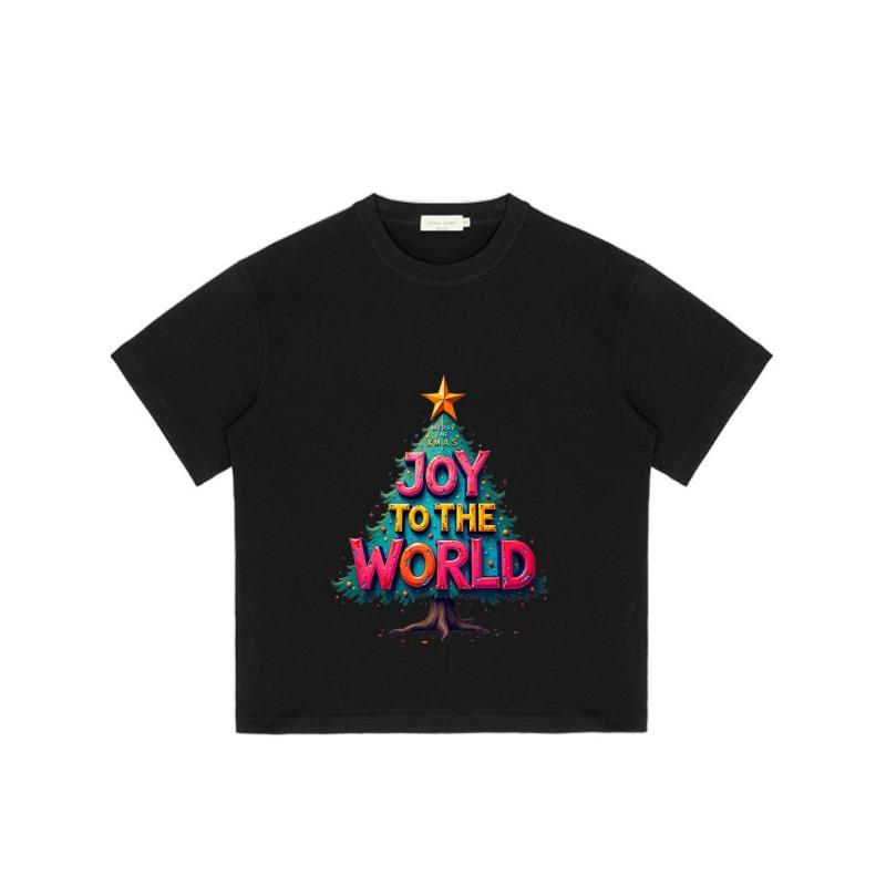 Christmas T-Shirt Black Joy To The World Christmas Tree Design Holiday Party Wear