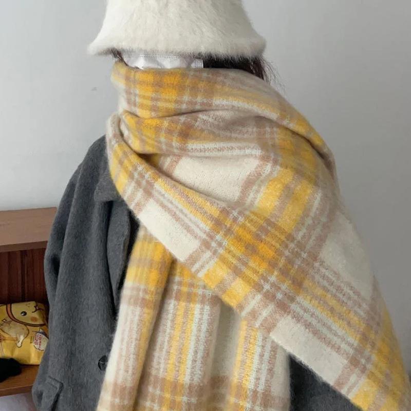 Mohair scarf women's autumn and winter atmosphere imitation cashmere yellow white high-end warm shawl versatile scarf