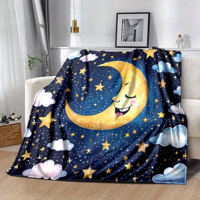 1pc Moon Printing Lightweight Flannel Blanket, Comfortable and Warm Blanket, for Camping Sofa Bed and Couch Office, Gift