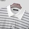 INCERUN Men Lapel Neck Long Sleeve Striped Patchwork Casual T-shirts Tops