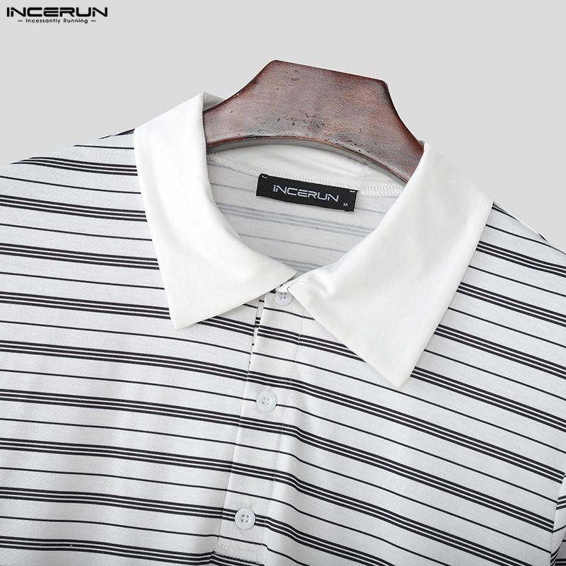 INCERUN Men Lapel Neck Long Sleeve Striped Patchwork Casual T-shirts Tops