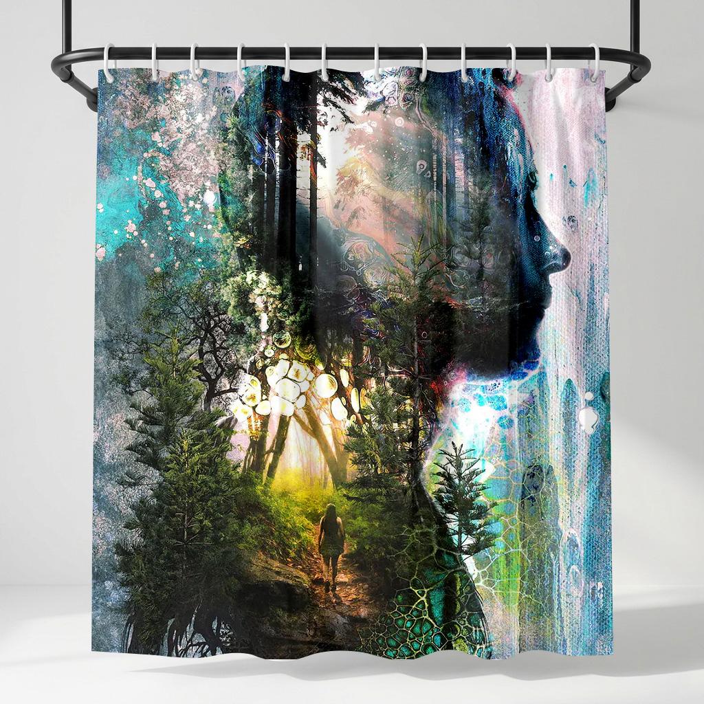 Double Exposure Forest Portrait Shower Curtain - Creative Nature Soul Art Design - Indoor Home Bathroom Decor Art Bath Curtain