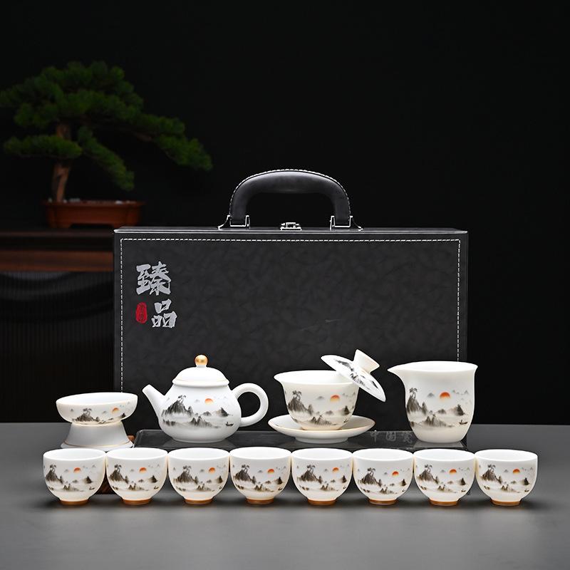 Kung Fu Mutton Fat Jade Gaiwan Teapot Set - Gold-Painted Luxury Tea Set