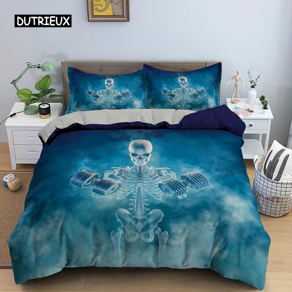 3D-Skelett-Bettwäscheset Totenkopf-Bettbezug 2/3-teilig Bettbezug mit Kissenbezug Queen-King-Size-Bettwäsche aus weichem Mikrofasergewebe