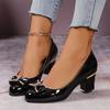 Fashionable Ribbon Detail Women’s Shiny Black Block Heel Pumps 2025 -All-Season Lightweight Synthetic Round Toe with Comfortable