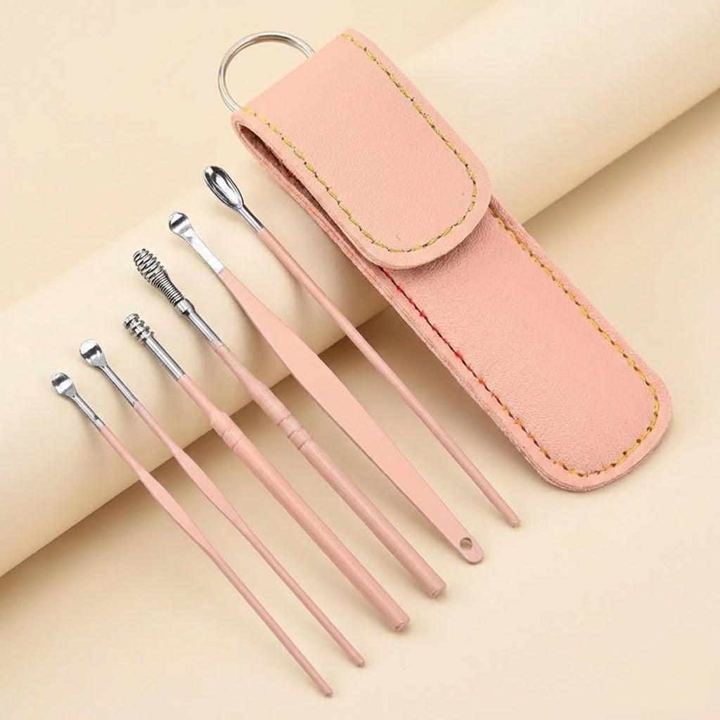 

6Pcs Reusable Stainless Steel Ear Wax Removal Tool Spiral Ear Cleaner Spoon Portable Ear Cleaning Kit рожевий