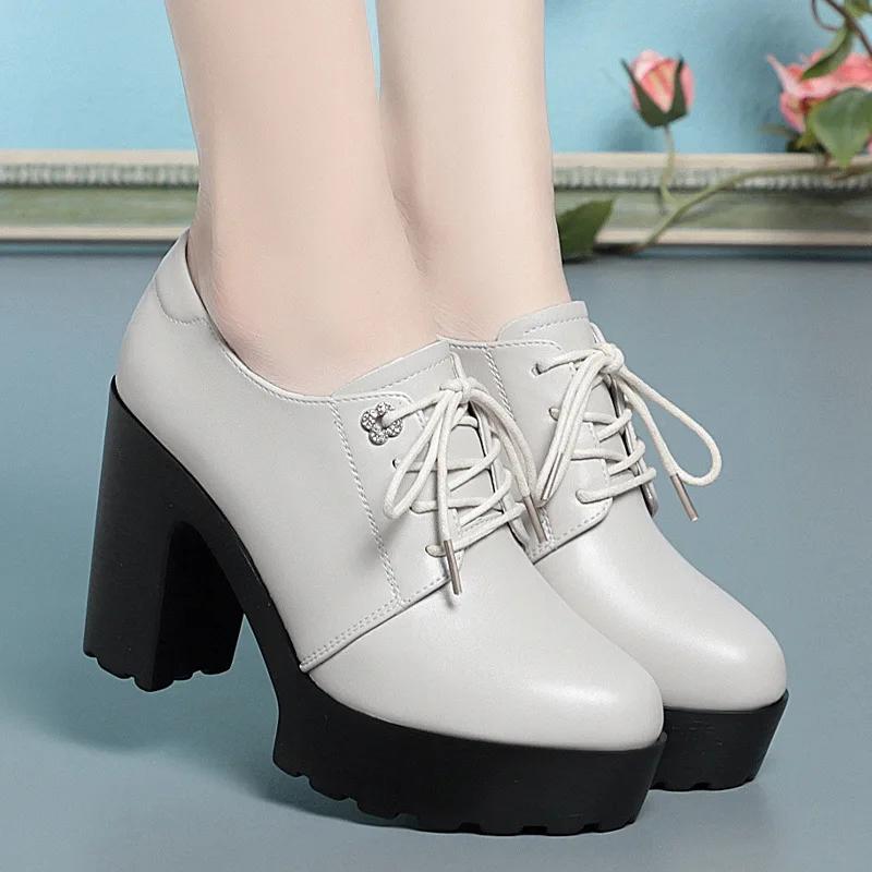 9.5cm British Style Soft Leather Chunky Platform Shoes 2025 Spring Block High Heels Shoes Women Oxfords for Office Model