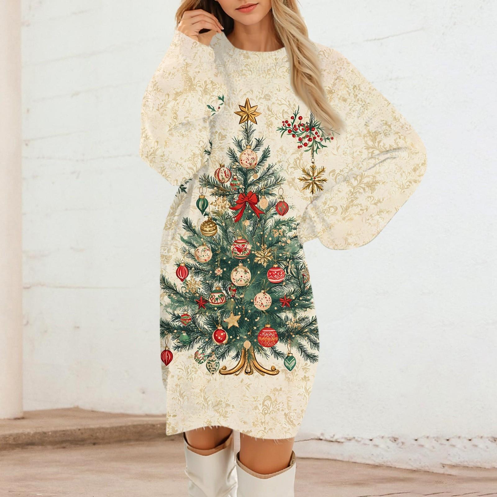 

Женские повседневные платья с круглым вырезом и длинным рукавом из плюша с рождественским принтом M хаки