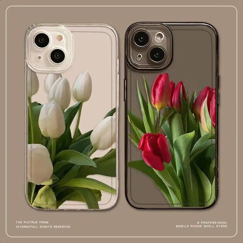 Tulpenblumen-Telefonhülle für iPhone 11 Hülle für iPhone 14 Pro Max 13 12 Pro Max XR XS Max X 7 8 14 Plus SE Stoßfeste transparente Abdeckung