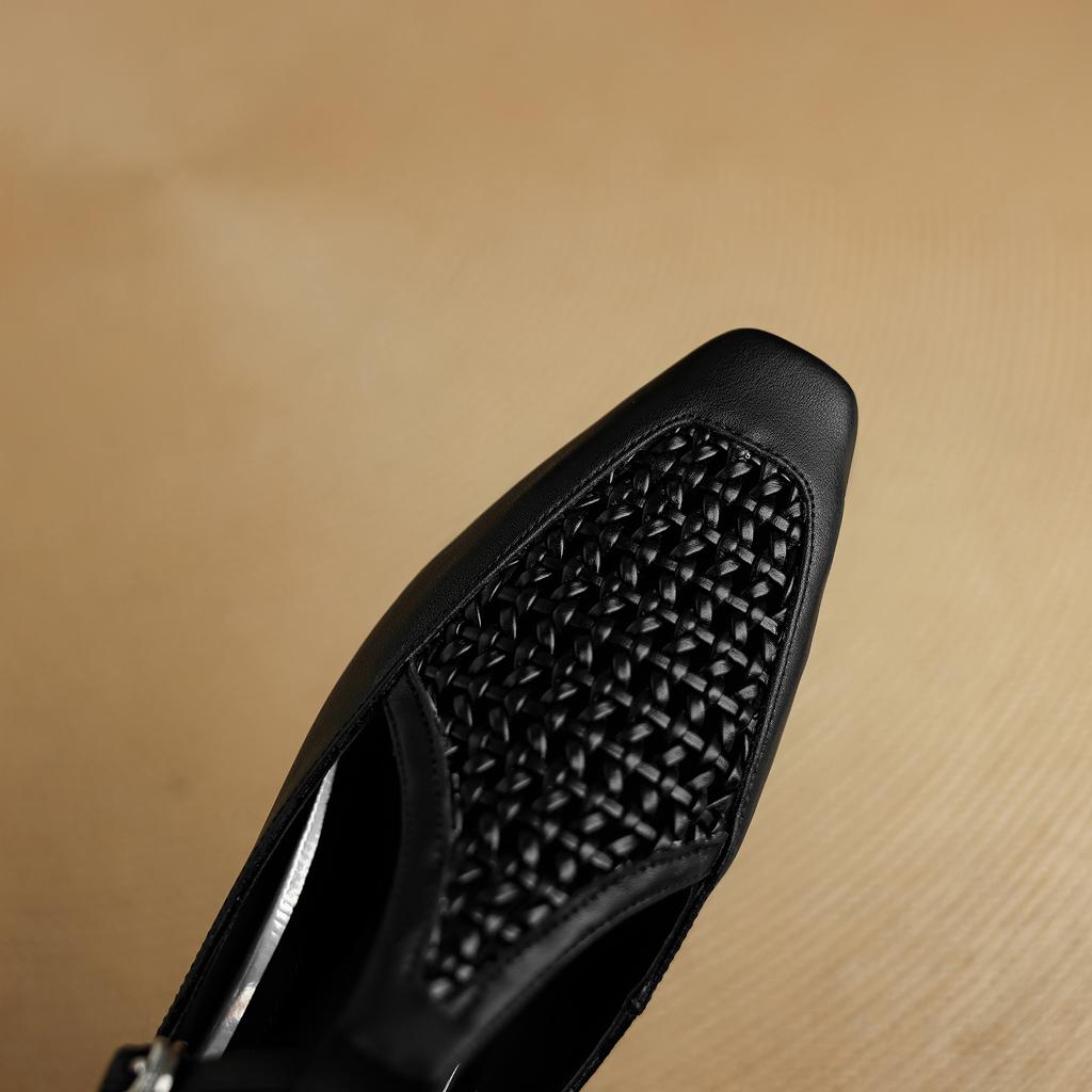 Fashion Women's New Leather Cowhide Spring Summer Hollow Breathable Woven Elastic Buckle Belt Low Heel Mary Jane Single Shoe