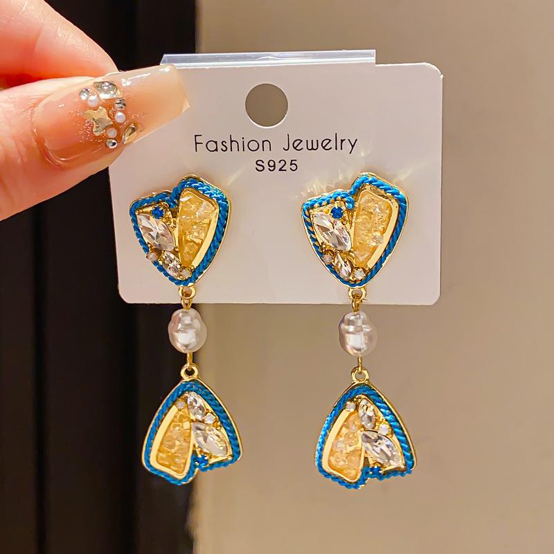 Retro Silver Needle Zircon Glass Water Drop Earrings Court Temperament Stud Earrings Personality Trend Versatile Earrings Women